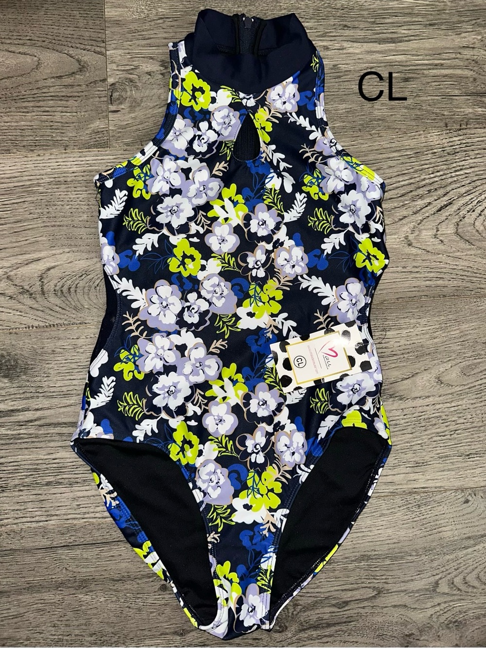 Kids High-Neck Floral Dance Leotard - Navy / Lime